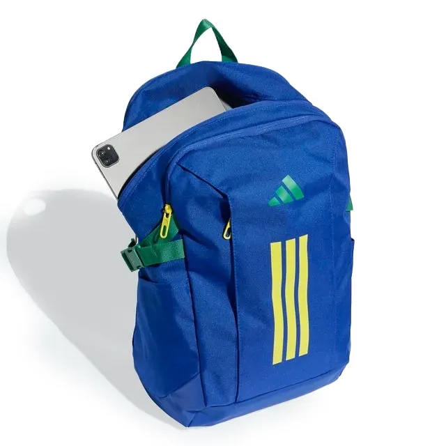 Mochila Adidas PrimeLift azul aberta com smartphone dentro mostrando organização interna